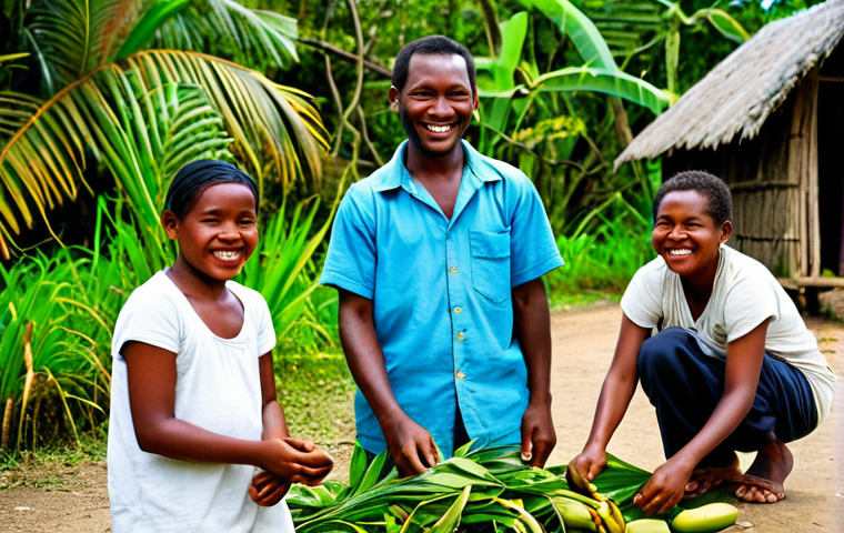 A warm, inviting portrait of a traveler engaging with local villagers in Vanuatu. The traveler is in modest, practical attire, suitable for village life, fully clothed, appropriate attire. The villagers are also in traditional, modest clothing. A serene Vanuatu village scene, with lush tropical foliage, simple traditional huts in the background, a group of friendly local people (including children and adults) with natural smiles, some engaged in daily activities like preparing Kava or tending to plants. Soft, natural lighting. Professional photography, high resolution, perfect anatomy, correct proportions, natural pose, well-formed hands, proper finger count, natural body proportions, safe for work, appropriate content, fully clothed, modest, family-friendly.