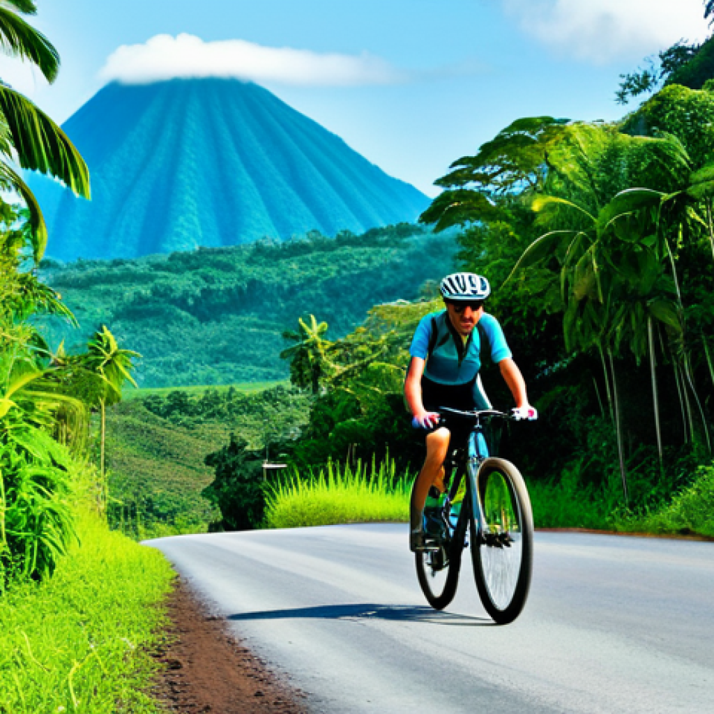 A solitary adult cyclist, fully clothed in modest, professional cycling attire, rides a mountain bike along a winding dirt road through a lush tropical jungle in Vanuatu. In the background, vibrant green mountains meet a calm, turquoise blue lagoon under a clear sky. The scene conveys a sense of peaceful adventure and natural beauty, with perfect anatomy, correct proportions, well-formed hands, proper finger count, and natural body proportions. This image is safe for work, appropriate content, and family-friendly.