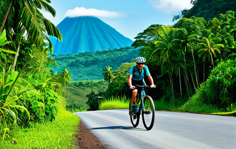 A solitary adult cyclist, fully clothed in modest, professional cycling attire, rides a mountain bike along a winding dirt road through a lush tropical jungle in Vanuatu. In the background, vibrant green mountains meet a calm, turquoise blue lagoon under a clear sky. The scene conveys a sense of peaceful adventure and natural beauty, with perfect anatomy, correct proportions, well-formed hands, proper finger count, and natural body proportions. This image is safe for work, appropriate content, and family-friendly.