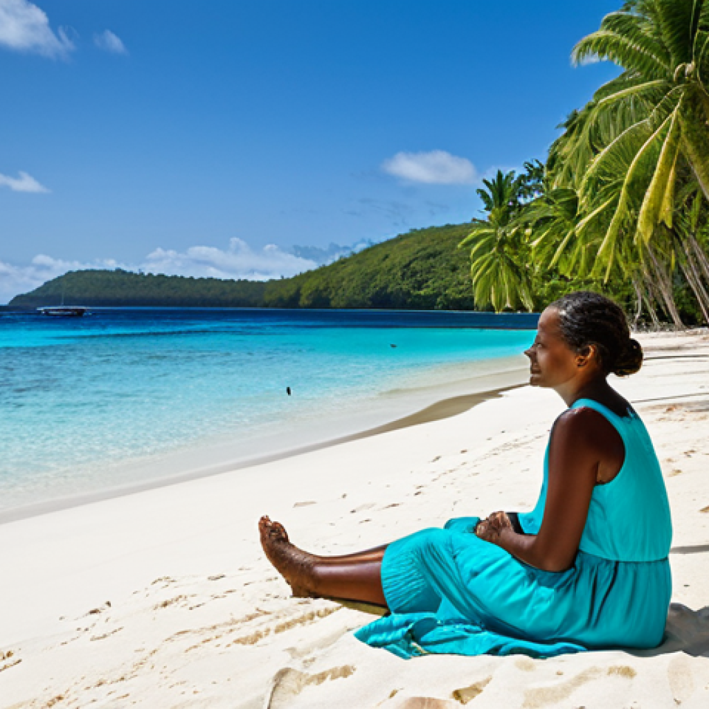 Port Olry Beach Scene**

"A serene view of Port Olry beach, Espiritu Santo, Vanuatu. White sand, turquoise water, coconut trees providing shade. A fully clothed woman in modest beach attire sits peacefully, enjoying the view. Safe for work, appropriate content, perfect anatomy, natural proportions, professional photography, family-friendly."

**