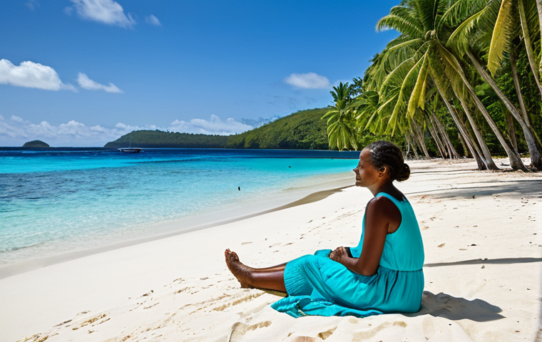 Port Olry Beach Scene**

"A serene view of Port Olry beach, Espiritu Santo, Vanuatu. White sand, turquoise water, coconut trees providing shade. A fully clothed woman in modest beach attire sits peacefully, enjoying the view. Safe for work, appropriate content, perfect anatomy, natural proportions, professional photography, family-friendly."

**
