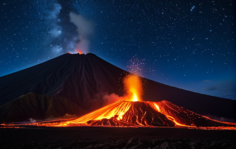Mount Yasur at Night**

"Dramatic night scene of Mount Yasur volcano erupting on Tanna Island, Vanuatu. Molten lava flows against a starry sky. Fully clothed tourists in appropriate attire observe from a safe distance. Perfect anatomy, correct proportions, professional photography, high quality, safe for work, appropriate content, family-friendly."

**