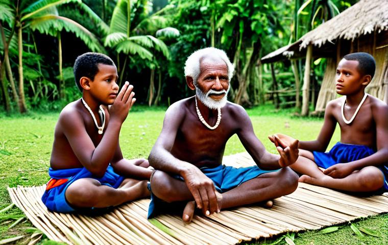 바누아투의 전통적인 교육 방식 - Traditional Education**

"A group of Vanuatu children, fully clothed in modest, traditional attire, ...