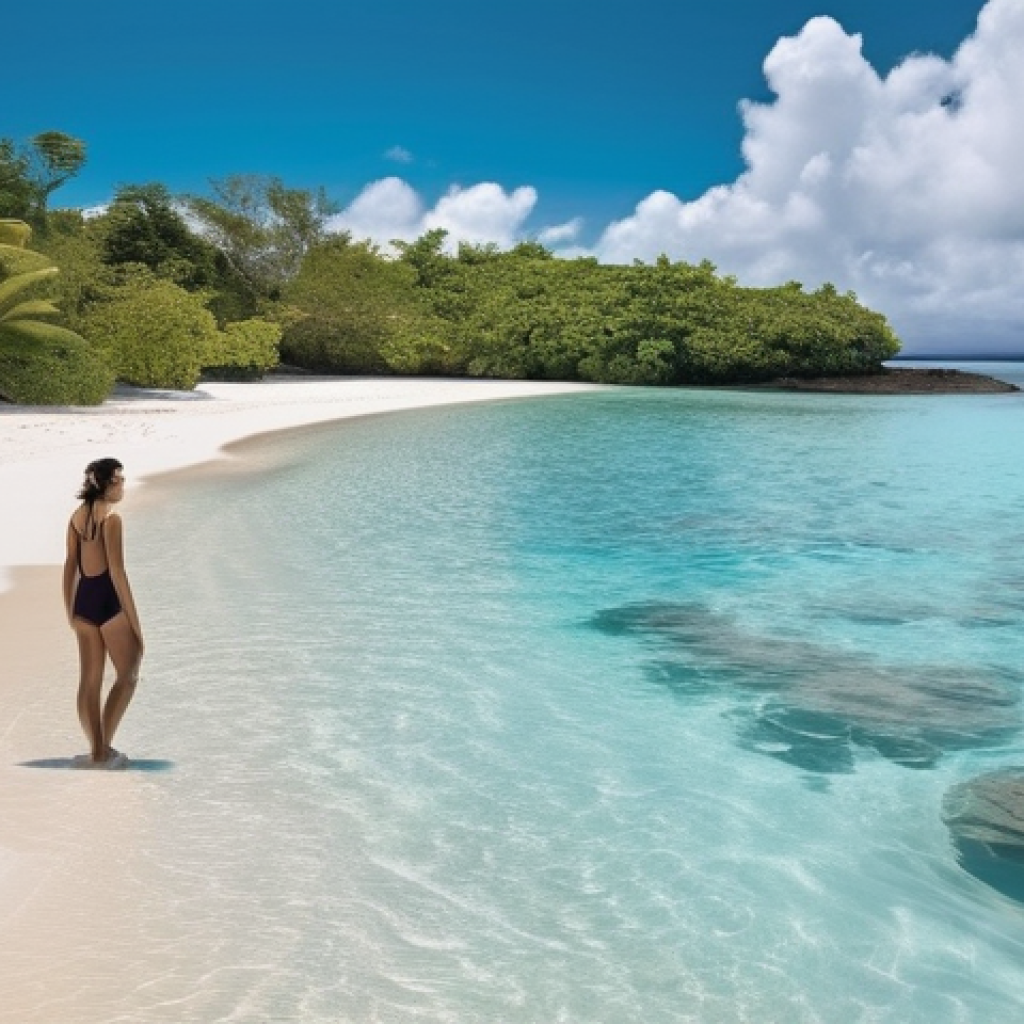 바누아투 안전 여행 팁 - **Vanuatu Beach Serenity with Modest Grace:** A young woman gracefully observing the serene blue oce...
