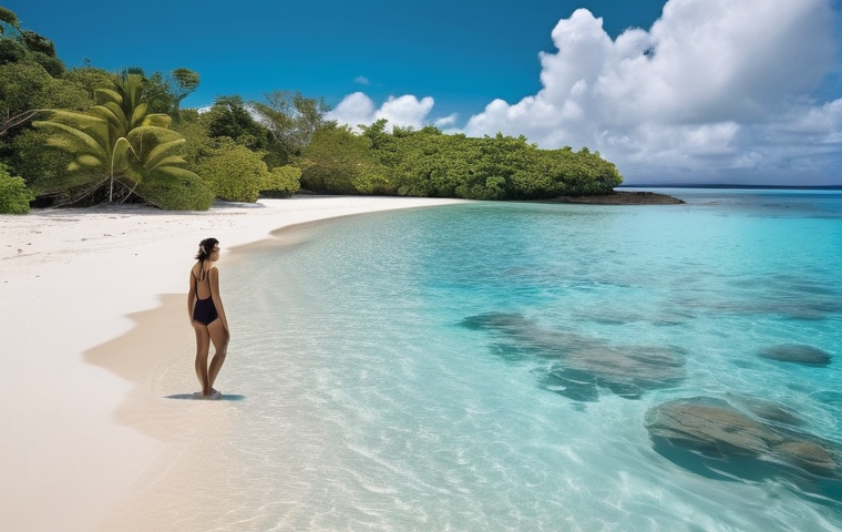 바누아투 안전 여행 팁 - **Vanuatu Beach Serenity with Modest Grace:** A young woman gracefully observing the serene blue oce...