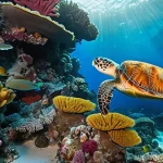 Home 18 바누아투 해양 생태계 - "A vibrant and pristine underwater scene in Vanuatu, showcasing a majestic coral reef teeming with l...