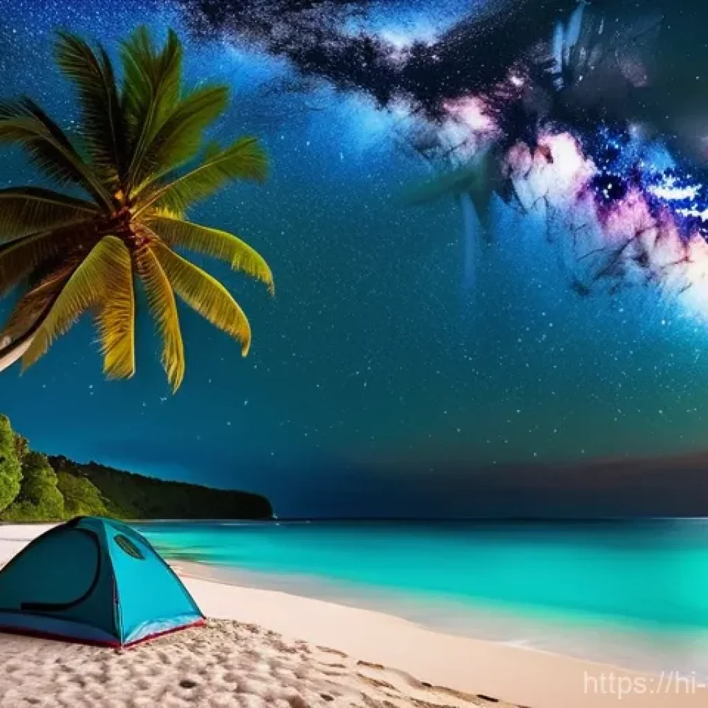 바누아투에서 캠핑하기 - **Prompt: A serene and breathtaking night scene of beach camping in Vanuatu. A sturdy, modern campin...