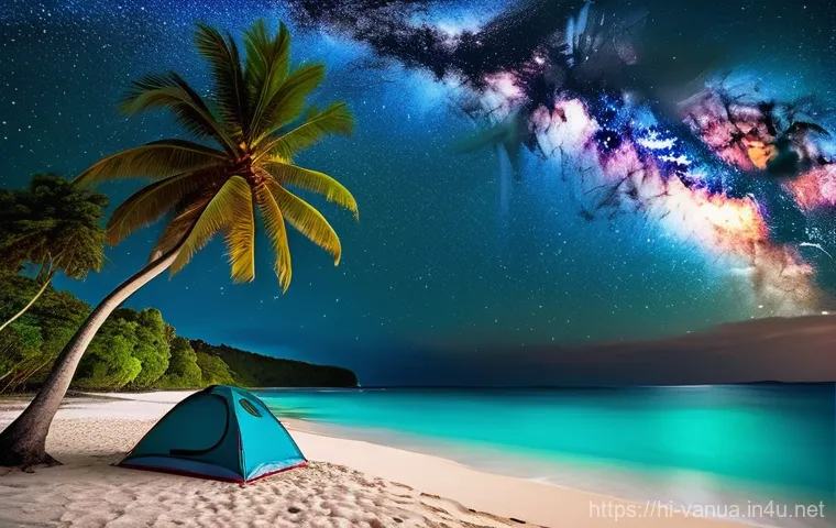 바누아투에서 캠핑하기 - **Prompt: A serene and breathtaking night scene of beach camping in Vanuatu. A sturdy, modern campin...