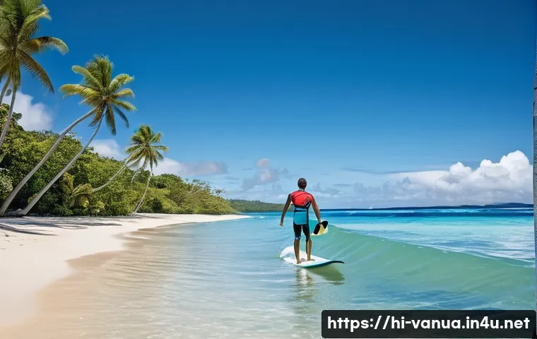 바누아투 서핑 가능 지역 - **Vanuatu Surf - Calm Morning Ride:**
A male or female surfer, aged 25-35, with a healthy physiq...
