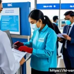 바누아투 입국 시 주의사항 - A detailed scene at Banuatu airport health checkpoint showing a diverse group of travelers undergoin...