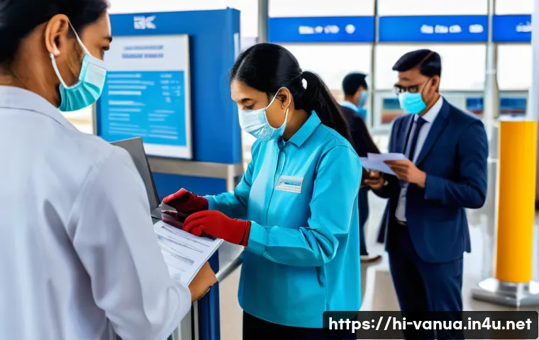 바누아투 입국 시 주의사항 - A detailed scene at Banuatu airport health checkpoint showing a diverse group of travelers undergoin...