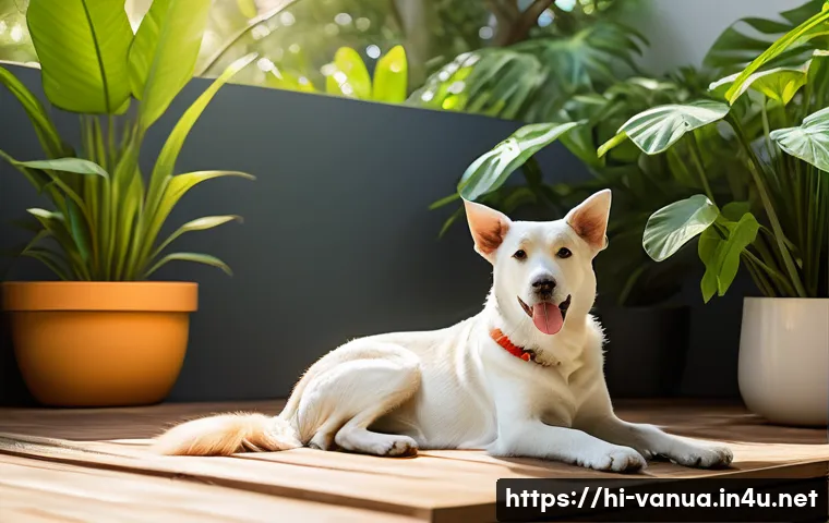 바누아투에서의 반려동물 키우기 - A tropical outdoor scene in Vanuatu featuring a happy dog and a cat resting comfortably in a shaded,...