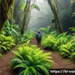 바누아투에서 할 수 있는 액티비티 - A dense, lush green forest in Vanuatu with vibrant tropical birds perched on branches and colorful f...