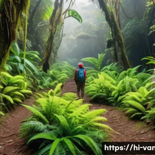 바누아투에서 할 수 있는 액티비티 - A dense, lush green forest in Vanuatu with vibrant tropical birds perched on branches and colorful f...