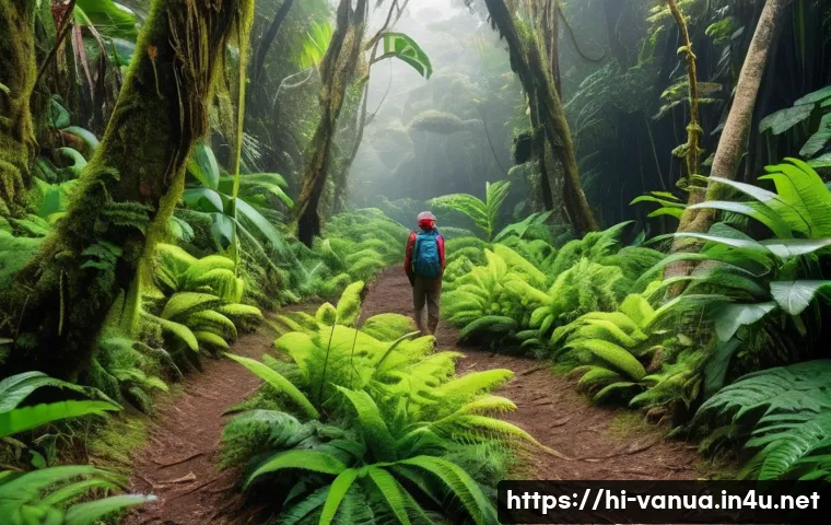 바누아투에서 할 수 있는 액티비티 - A dense, lush green forest in Vanuatu with vibrant tropical birds perched on branches and colorful f...