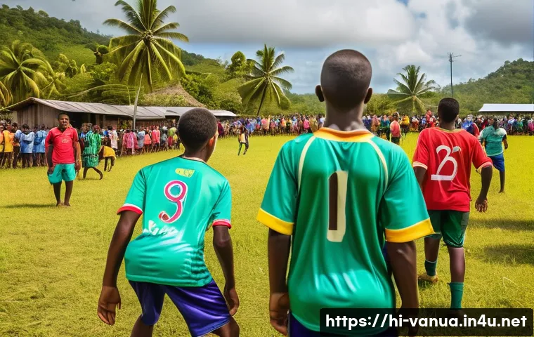 바누아투의 축구 리그 - A vibrant community football match on a small tropical island in Vanuatu, showcasing diverse local p...