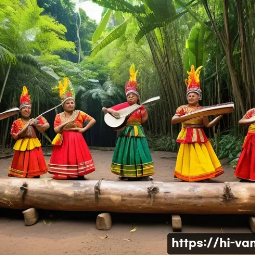 바누아투 전통 음악과 춤 - A vibrant traditional Bunuatu festival scene showcasing local musicians playing the rimba, a stringe...