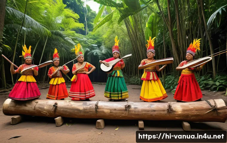 바누아투 전통 음악과 춤 - A vibrant traditional Bunuatu festival scene showcasing local musicians playing the rimba, a stringe...