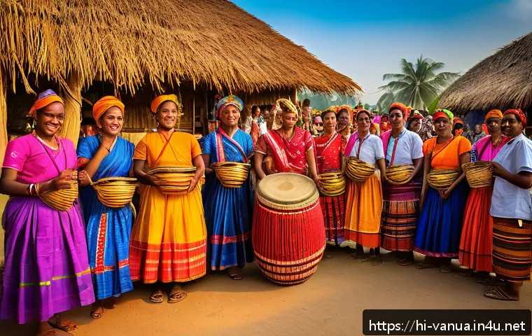 바누아투의 현지인과 친해지는 방법 - A vibrant cultural festival scene in Banavatu village, showing diverse local people dressed in color...
