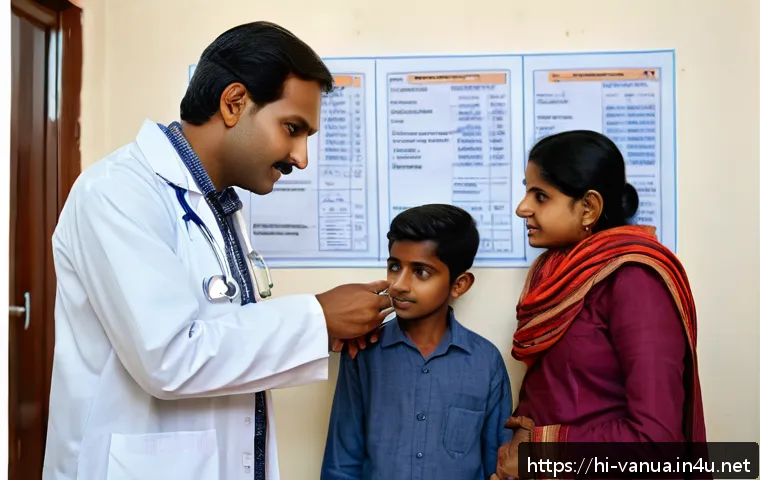 바누아투의 의료비용 수준 - A thoughtful Indian family consulting with a friendly male doctor in a modest government clinic sett...