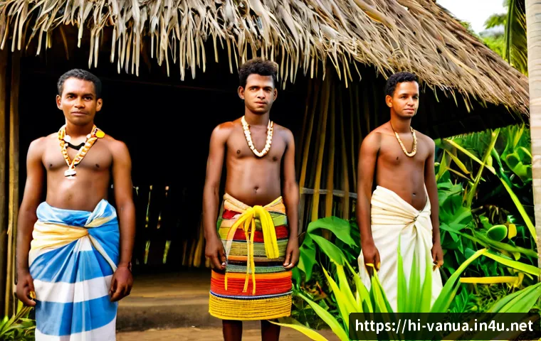 Home 17 바누아투 부족 전통 의상 - Photorealistic cultural portrait of Vanuatu community members wearing traditional ceremonial clothin...